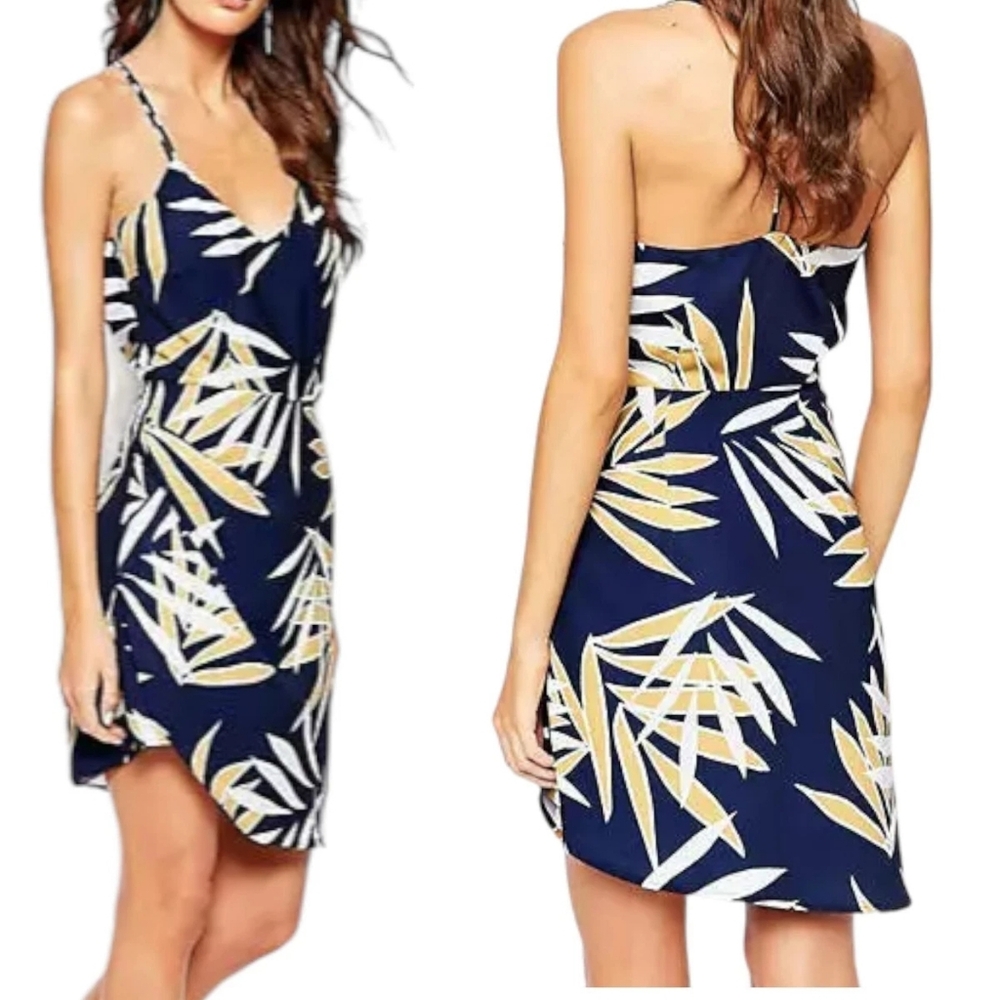 Finders Keepers Navy Tropical Leaf Mini Dress